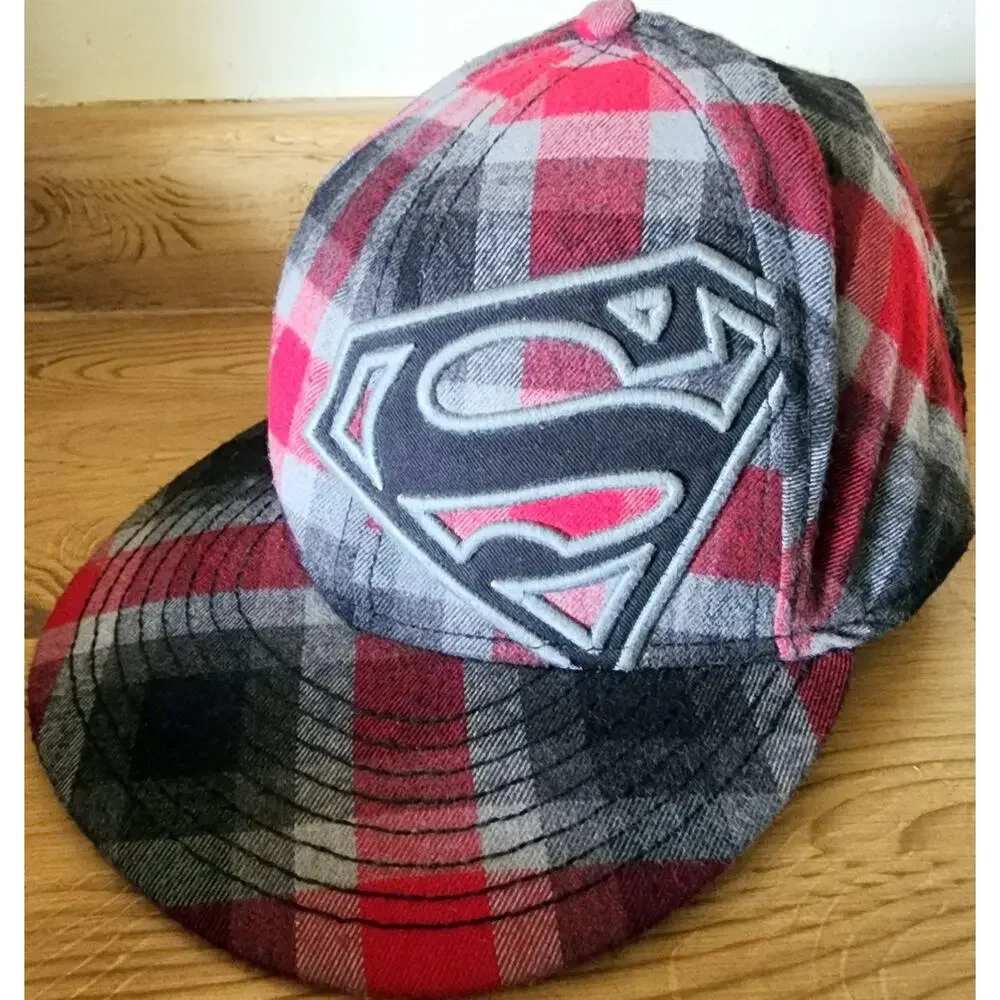 DC Comics Superman Hat L/XL Plaid Red Black Gray White Flat Bill Cap Men's